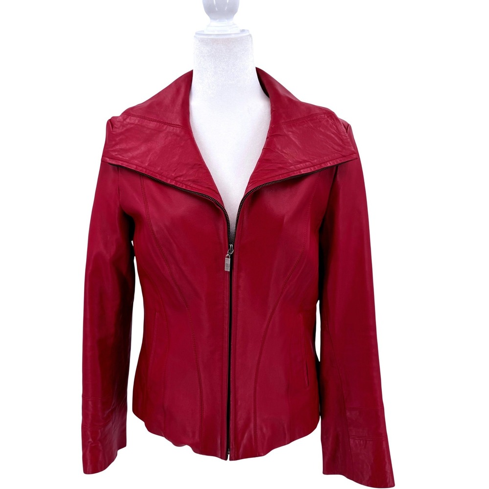 Pamela McCoy Red Genuine‎ Leather Portrait Collar Zip Up Jacket Womens Small